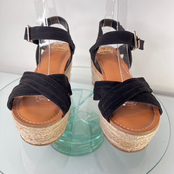 Fergalicious Pounce Wedge Sandals Black Jute Faux Suede Open Toe - Picture 3 of 8